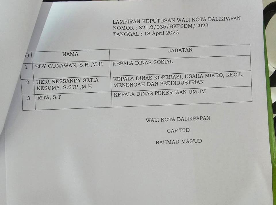 Wali Kota Balikpapan Lantik Tiga Pejabat Tinggi Pratama