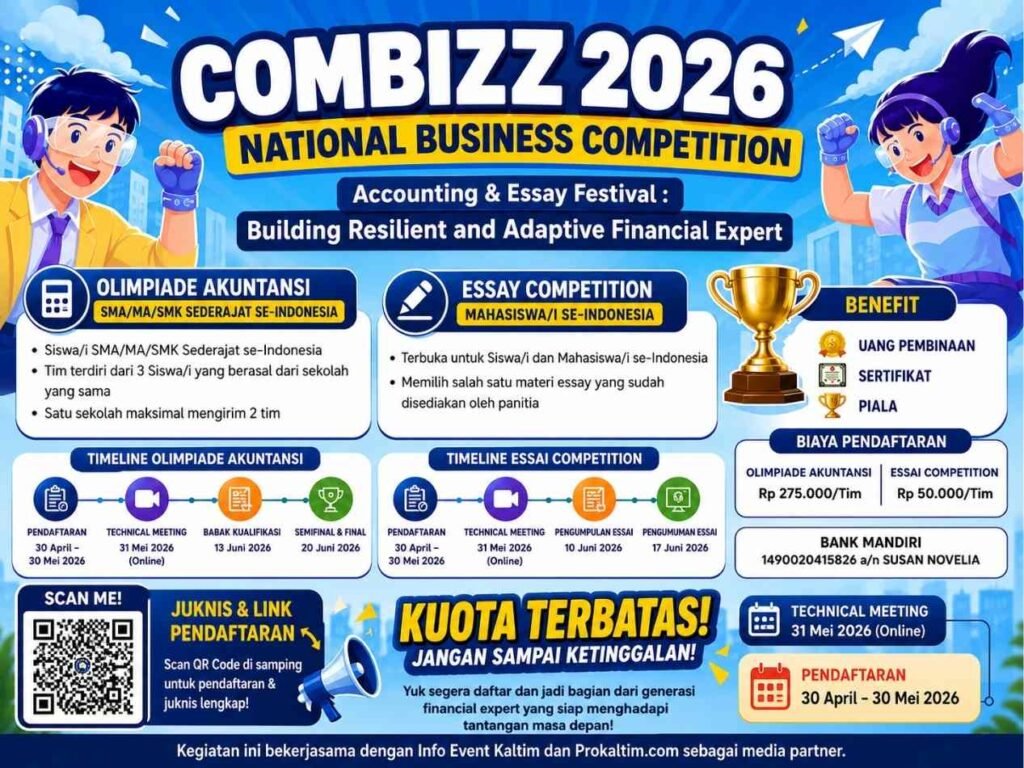 COMBIZZ 2026 resmi dibuka oleh HMJ Bisnis Poltekba dengan Olimpiade Akuntansi dan Essay Competition tingkat nasional bagi pelajar serta mahasiswa se-Indonesia.