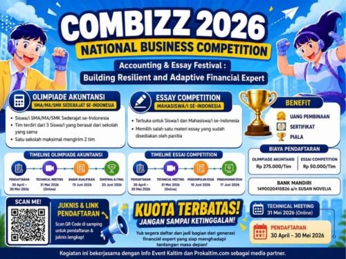 COMBIZZ 2026 resmi dibuka oleh HMJ Bisnis Poltekba dengan Olimpiade Akuntansi dan Essay Competition tingkat nasional bagi pelajar serta mahasiswa se-Indonesia.