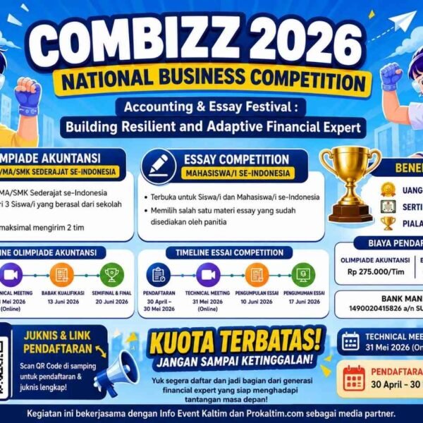 COMBIZZ 2026 resmi dibuka oleh HMJ Bisnis Poltekba dengan Olimpiade Akuntansi dan Essay Competition tingkat nasional bagi pelajar serta mahasiswa se-Indonesia.