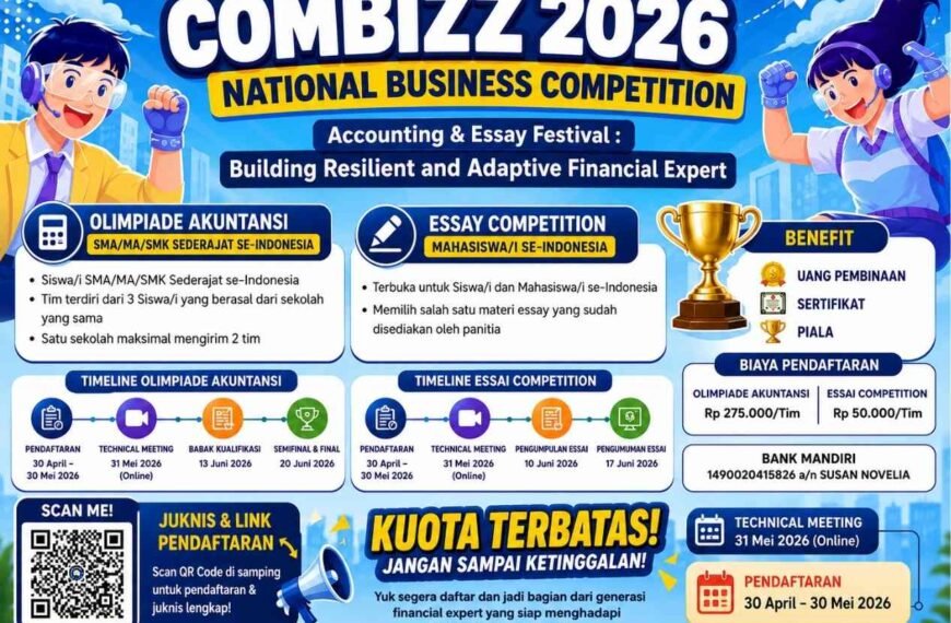 COMBIZZ 2026 resmi dibuka oleh HMJ Bisnis Poltekba dengan Olimpiade Akuntansi dan Essay Competition tingkat nasional bagi pelajar serta mahasiswa se-Indonesia.